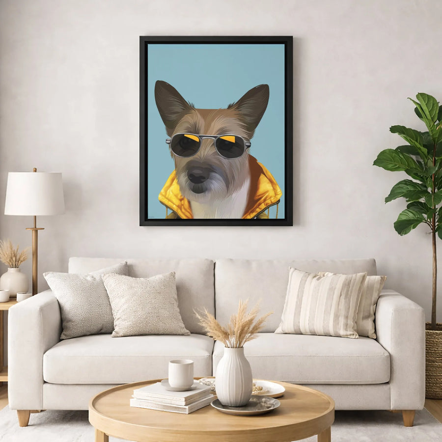 Cool Terrier Dog Portrait Canvas | Retro Aviator Sunglasses Yellow Jacket | Premium Gallery-Wrap Wall Art | Funny Pet Lover Gift Idea