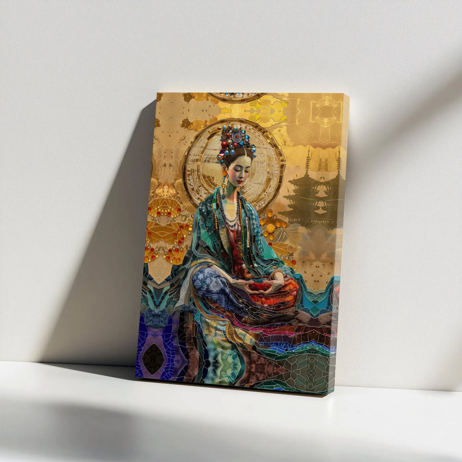 Zen Goddess Canvas Wall Art | Mosaic Stained Glass Style Oriental Art | Premium Thick Gallery Canvas | Yoga Studio & Meditation Room Decor Gift