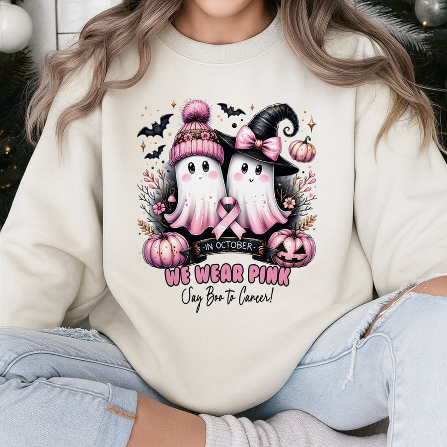 Breast Cancer Awareness Sweatshirt | Halloween Ghost Pumpkin Design | Premium Cotton Blend | October Pink Ribbon Gift for Women & Survivors