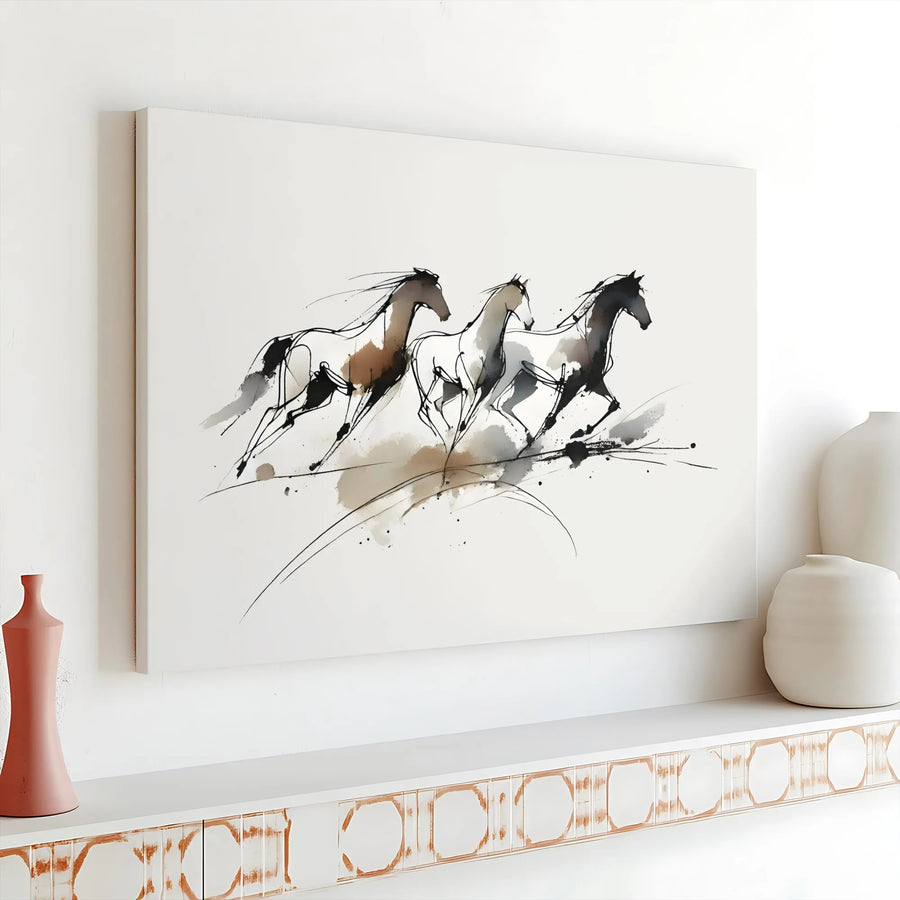Three Running Horses Canvas Wall Art | Minimalist Ink Wash Abstract Print | 1.25" Premium Gallery Wrap | Modern Home Office Decor Gift