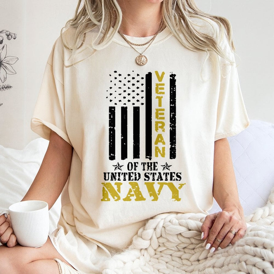 US Navy Veteran T-Shirt | Distressed American Flag Graphic | 100% Cotton Premium Apparel | Patriotic Military Retirement Gift for Men and Women