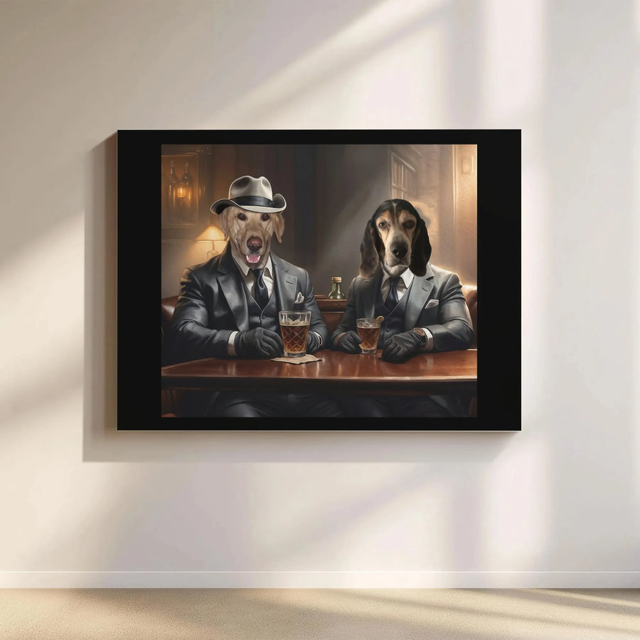 Dogs Drinking Whiskey Canvas Print | Sophisticated Mafia Style Art | Premium 1.25-Inch Gallery Wrap | Funny Man Cave & Home Bar Wall Decor Gift