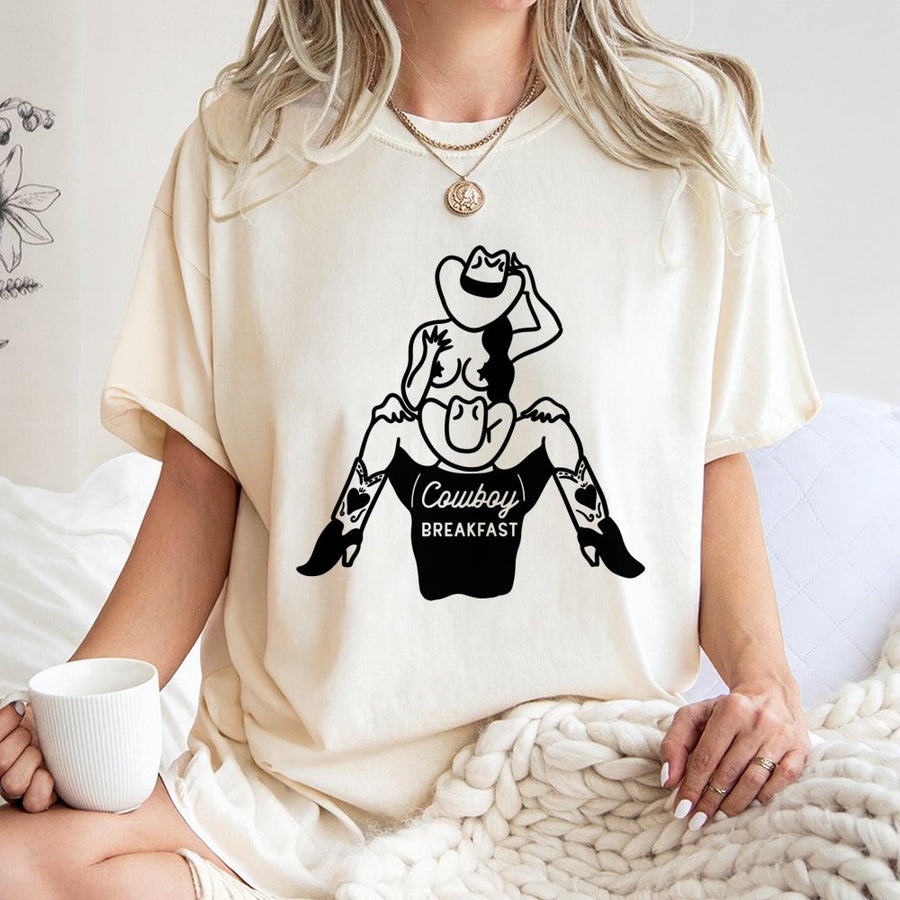 Cowboy Breakfast T-Shirt | Retro Cowgirl Pinup Graphic Tee | Premium 100% Cotton Apparel | Funny Western Rodeo Gift for Him or Her