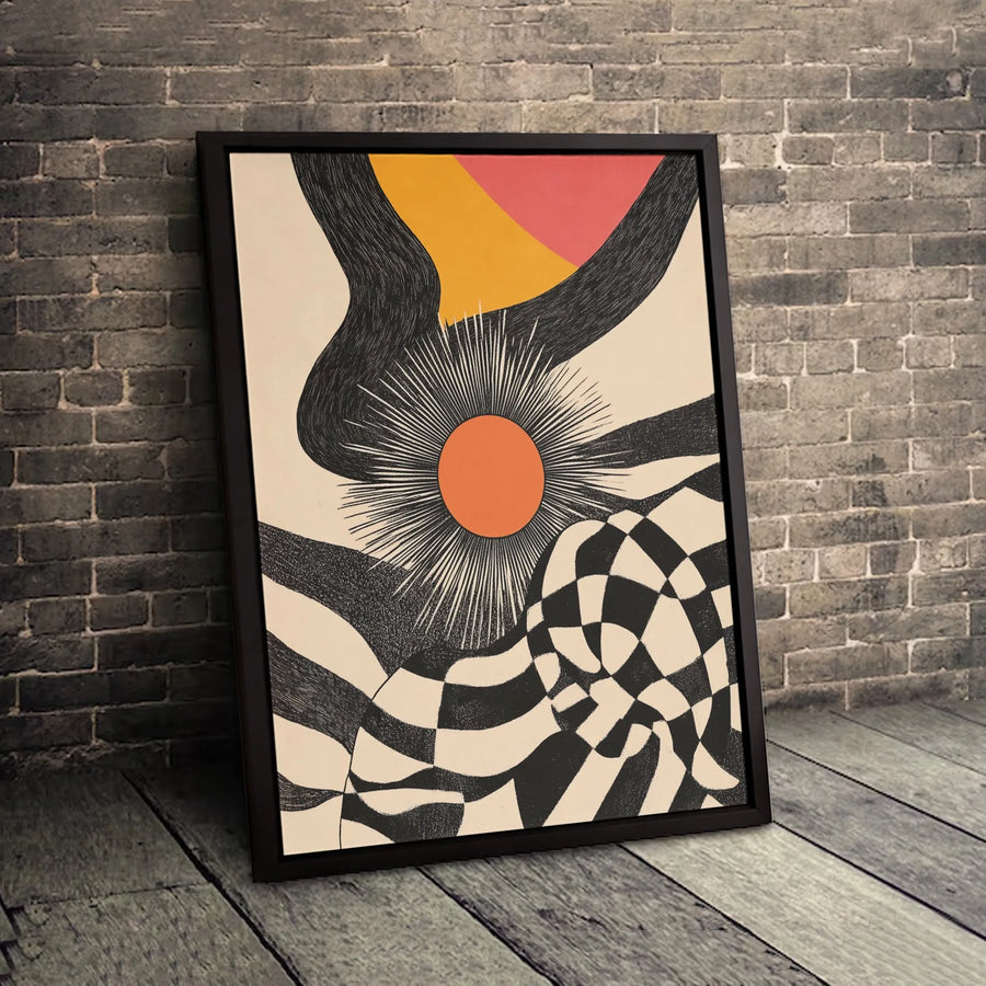 Abstract Sun Canvas Wall Art | Mid-Century Modern Warped Checkerboard | Premium Gallery Wrap Print | Aesthetic Home Decor For Living Room