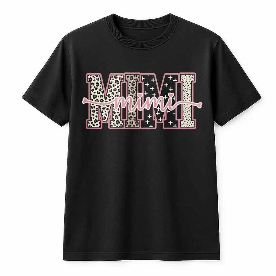 Mimi Leopard T-Shirt | Preppy Block Letter Sweatshirt for Grandma | Soft Cotton-Poly Blend | Mothers Day Gift for Mama Gigi Nana