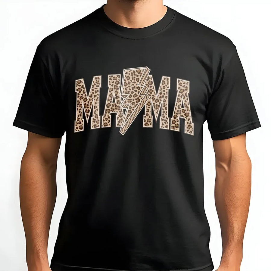 Mama T-Shirt | Leopard Print Varsity Lettering with Lightning Bolt | Soft Cotton Blend | Mother's Day Gift for Mom