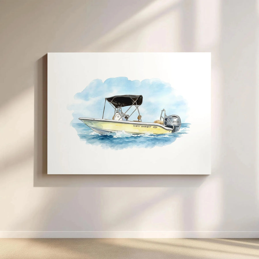 Key West Boat Wall Art | Yellow Center Console Watercolor Print | Premium Gallery Canvas | Nautical Home Decor Gift for Boaters