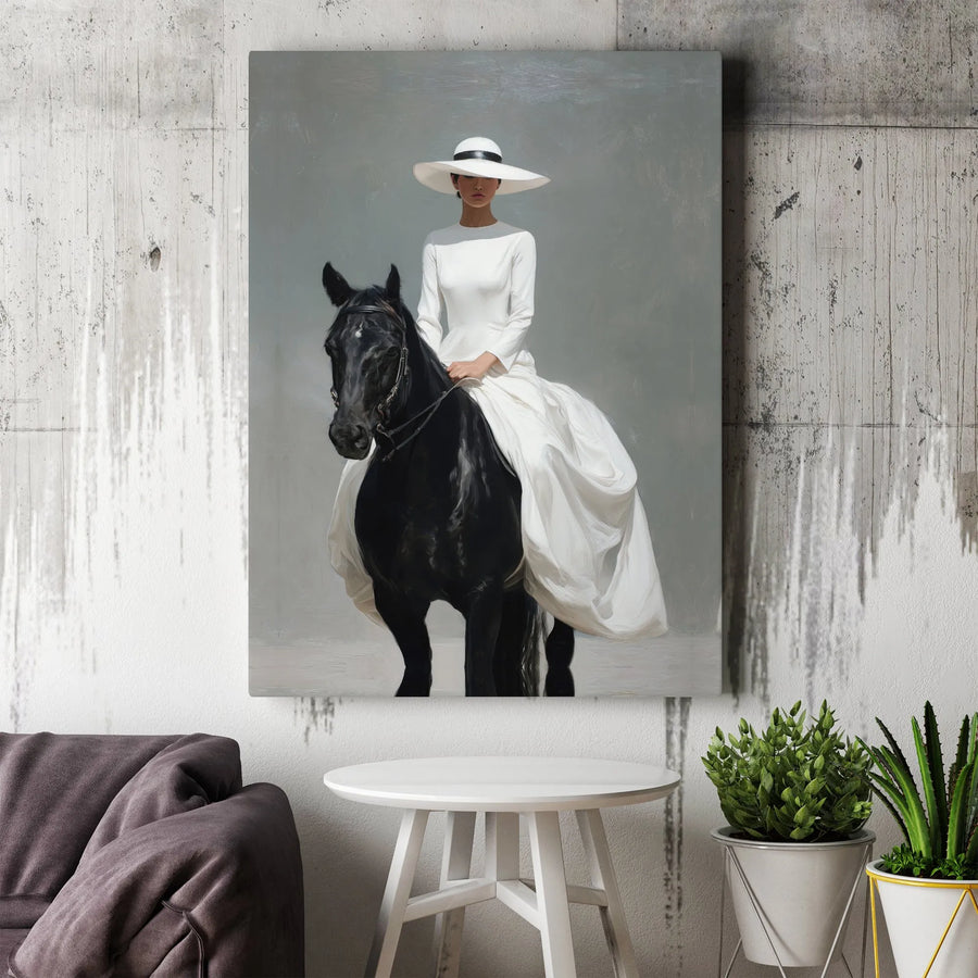 Elegant Equestrian Canvas Print | Woman in White Dress Riding Black Horse | Premium Fade-Resistant Art | Modern Farmhouse Living Room Decor Gift