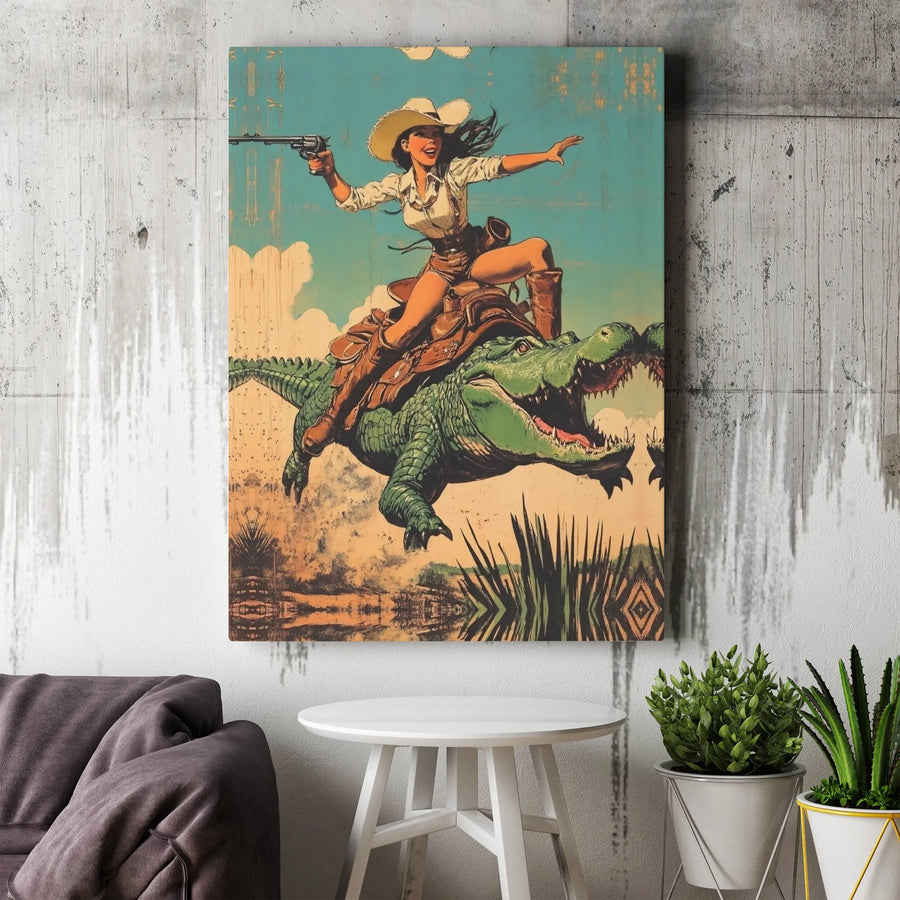 Vintage Cowgirl Riding Alligator Canvas | Retro Western Swamp Wall Art | Premium Gallery Wrapped Print | Unique Southern Home Decor Gift