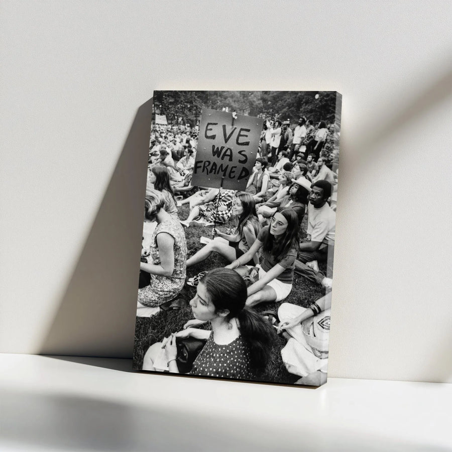 Eve Was Framed Canvas Print | Vintage Black and White Protest Photo | Premium Gallery Wrapped Canvas | Feminist Home Decor Gift