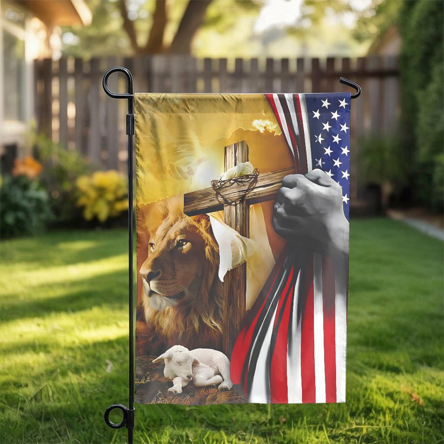 Lion and Lamb Garden Flag | Patriotic American Flag Religious Art | Premium Weather-Resistant Polyester | Faithful Christian Yard Decor Gift