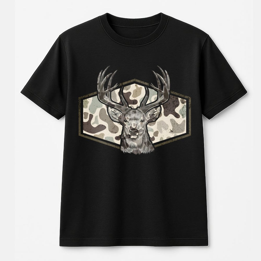 Deer Hunting T-Shirt | Rustic Buck Camo Hexagon Frame Graphic | 100% Cotton Premium Tee | Outdoor Enthusiast Wildlife Gift