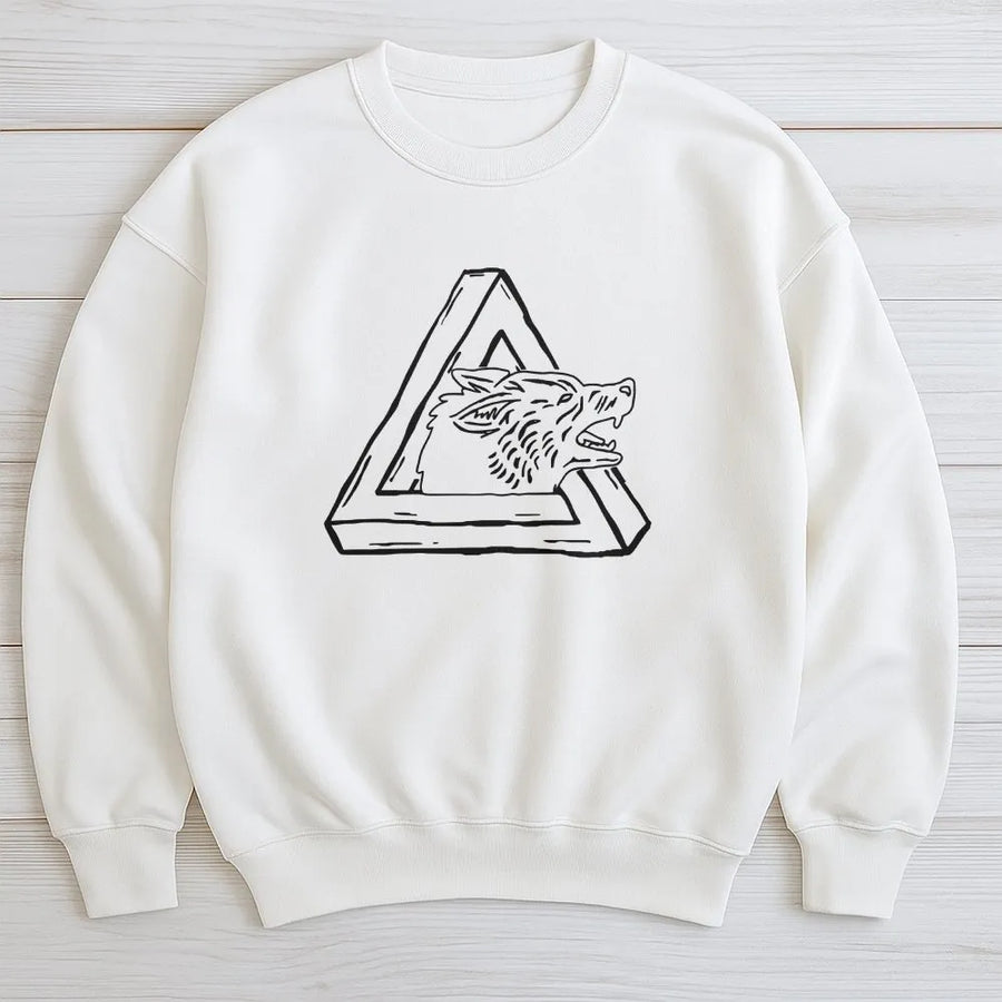 Geometric Wolf Sweatshirt | Impossible Triangle Optical Illusion Art | Soft Cotton Blend Sweatshirt | Gift for Wildlife Lovers, Unisex Pullover