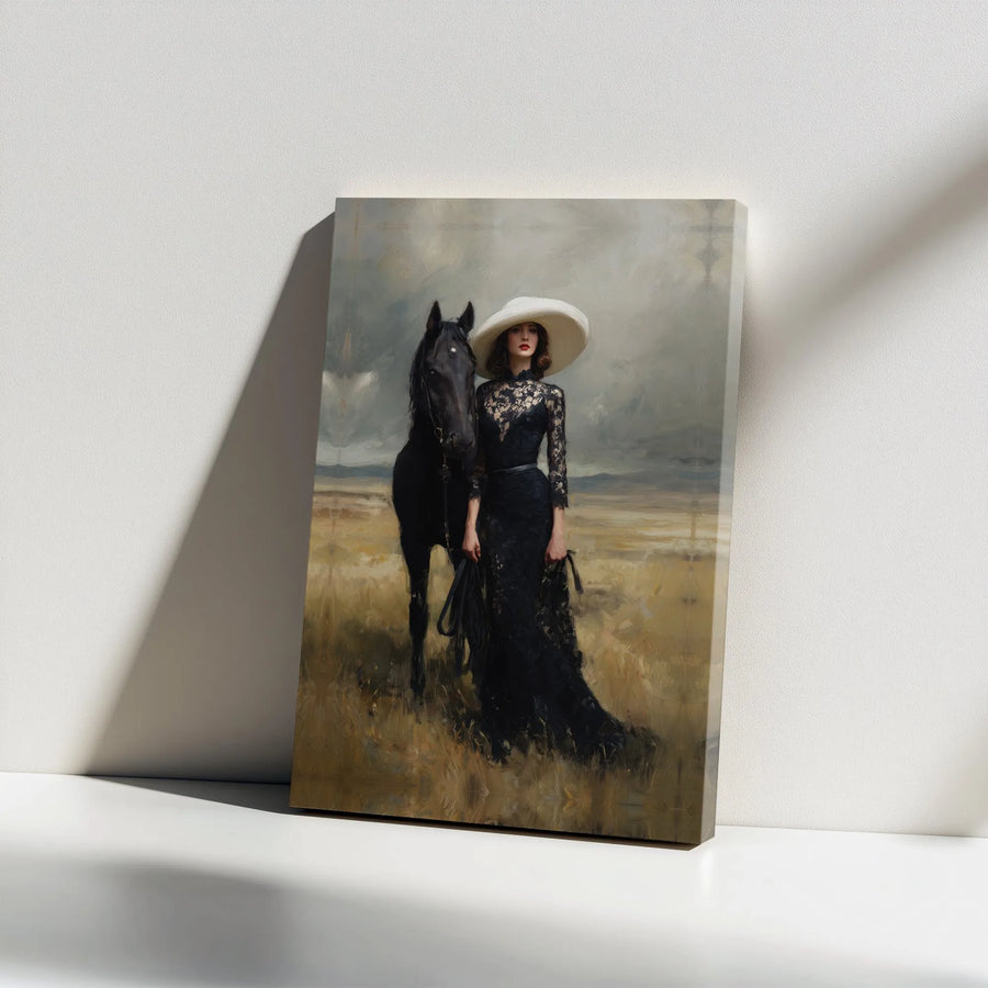 Woman with Black Horse Canvas Art | Moody Oil Painting Style Print | Premium Gallery Wrapped Wall Decor | Dark Academia Equestrian Gift