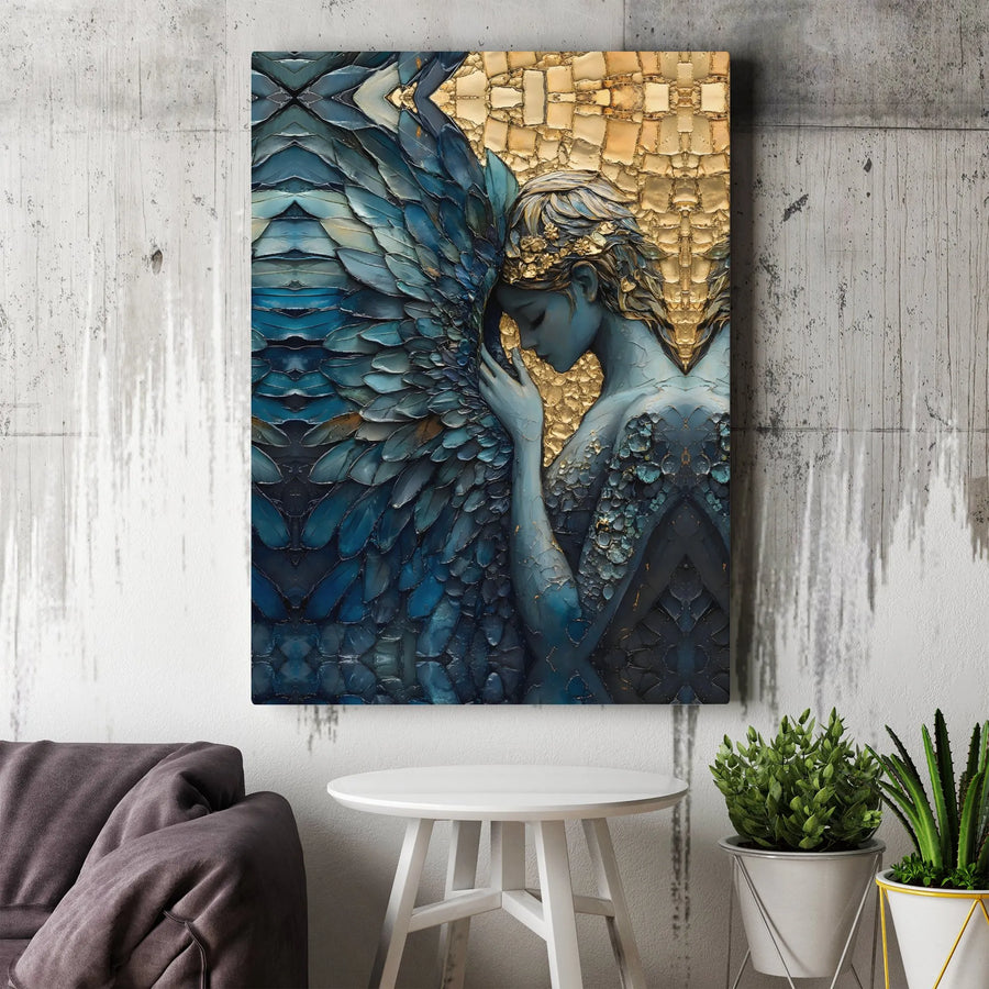 Blue Angel Wall Art | Textured Golden Wings Canvas Print | Premium Gallery Wrapped Canvas | Spiritual Home Decor Gift