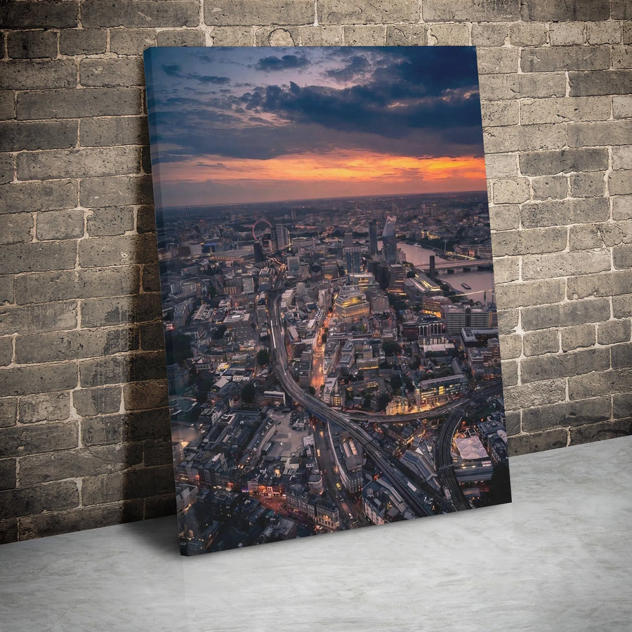 London Cityscape Canvas Print | Aerial Sunset Skyline Wall Art | Premium Gallery Wrap Decor | Modern Travel Home Office Gift