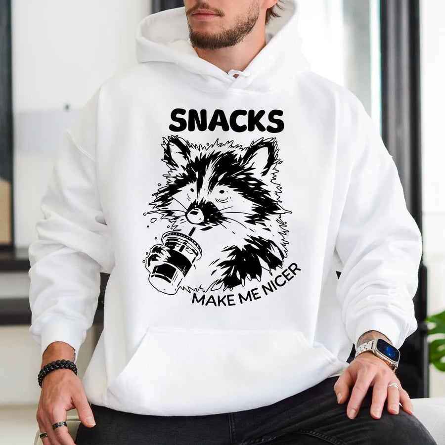 Raccoon Hoodie Snacks Make Me Nicer | Funny Coffee Lover Graphic Print | Premium Soft Cotton Blend | Sarcastic Gift for Coffee Addict
