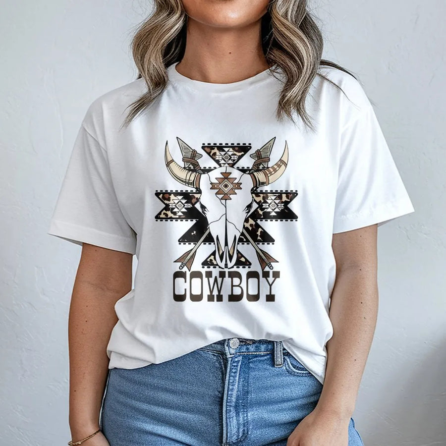 Cowboy Skull T-Shirt | Western Aztec Tribal Graphic | Premium Cotton Country Western Wear | Gift for Rodeo Fans and Ranchers