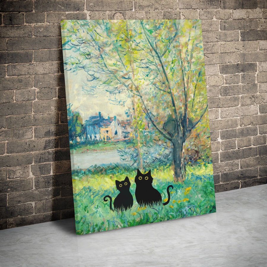 Black Cat Canvas Wall Art | Impressionist Monet Garden Style | Gallery Wrapped Premium Print | Whimsical Home Decor Gift for Cat Lovers