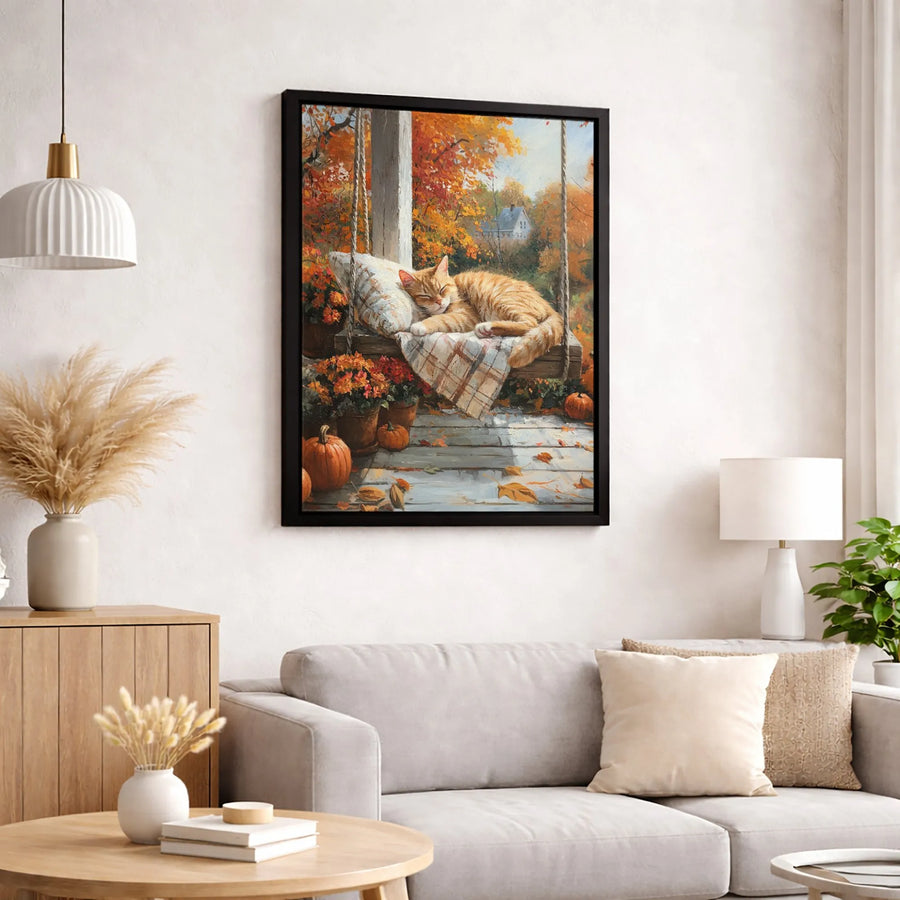 Sleeping Orange Tabby Cat Canvas | Autumn Porch Swing Decor | Gallery Quality Premium Print | Fall Season Home Gift for Cat Lovers