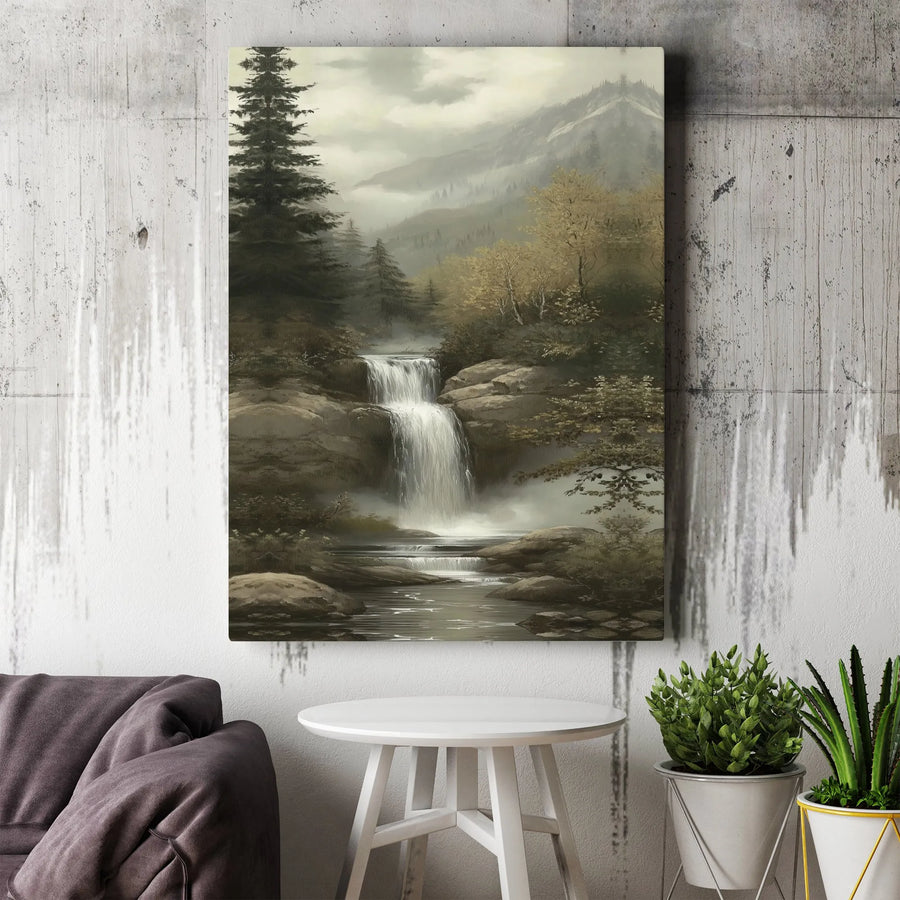 Misty Mountain Waterfall Canvas Art | Vintage Forest Landscape Painting | Premium Gallery Wrapped Print | Nature Lover Gift for Home Office Decor