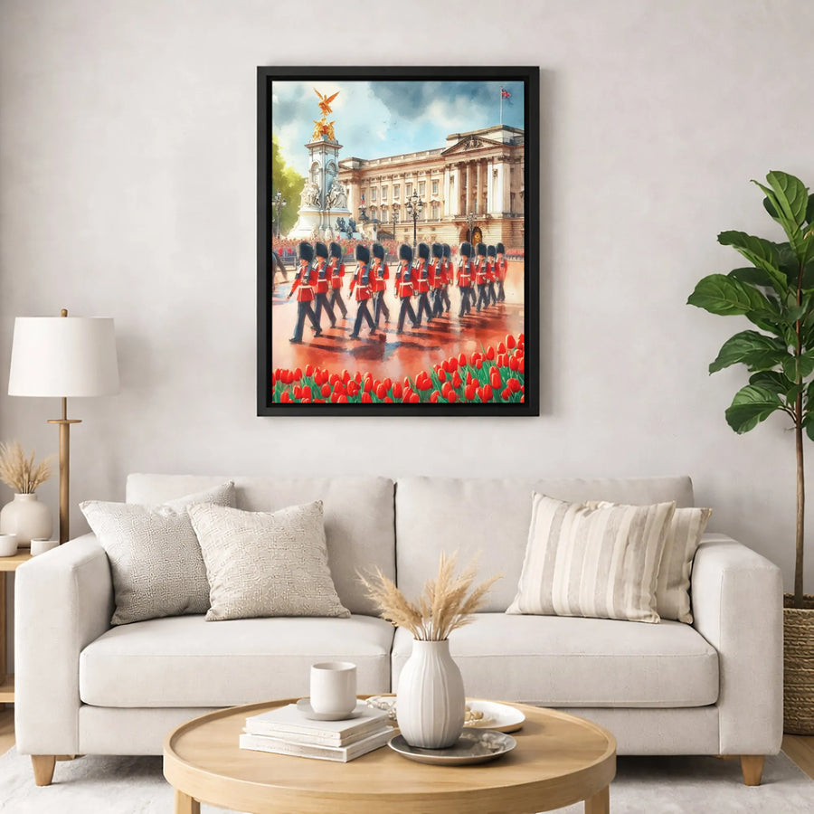 London Royal Guards Canvas Print | Buckingham Palace Watercolor Wall Art | Premium 1.25-Inch Gallery Wrap | Travel Decor Gift for England Lovers