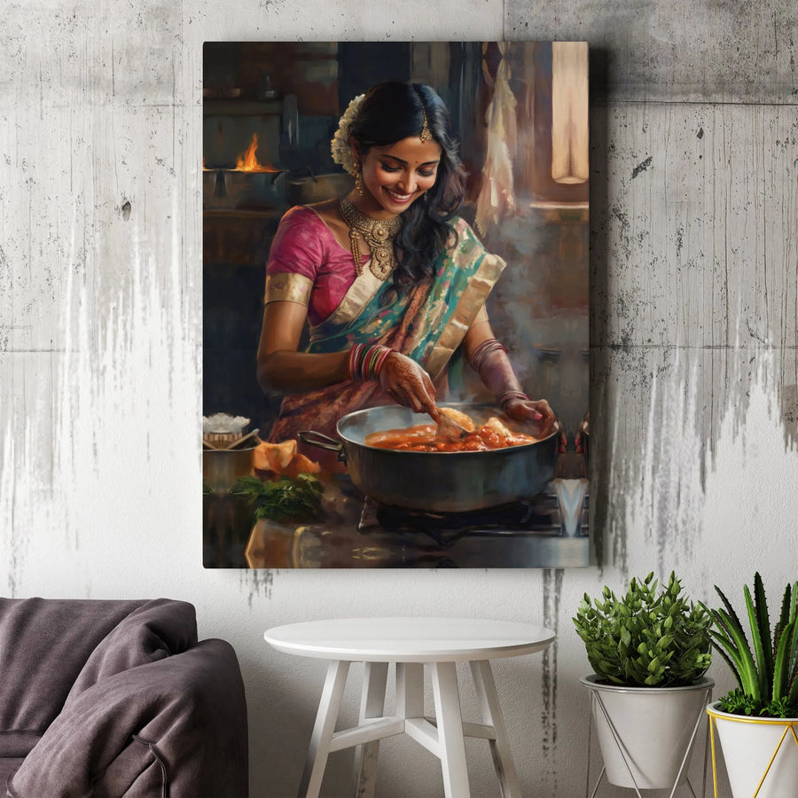 Indian Woman Cooking Canvas Wall Art | Traditional Kitchen Oil Painting Style | Premium High-Resolution Print | Cultural Kitchen & Home Decor Gift