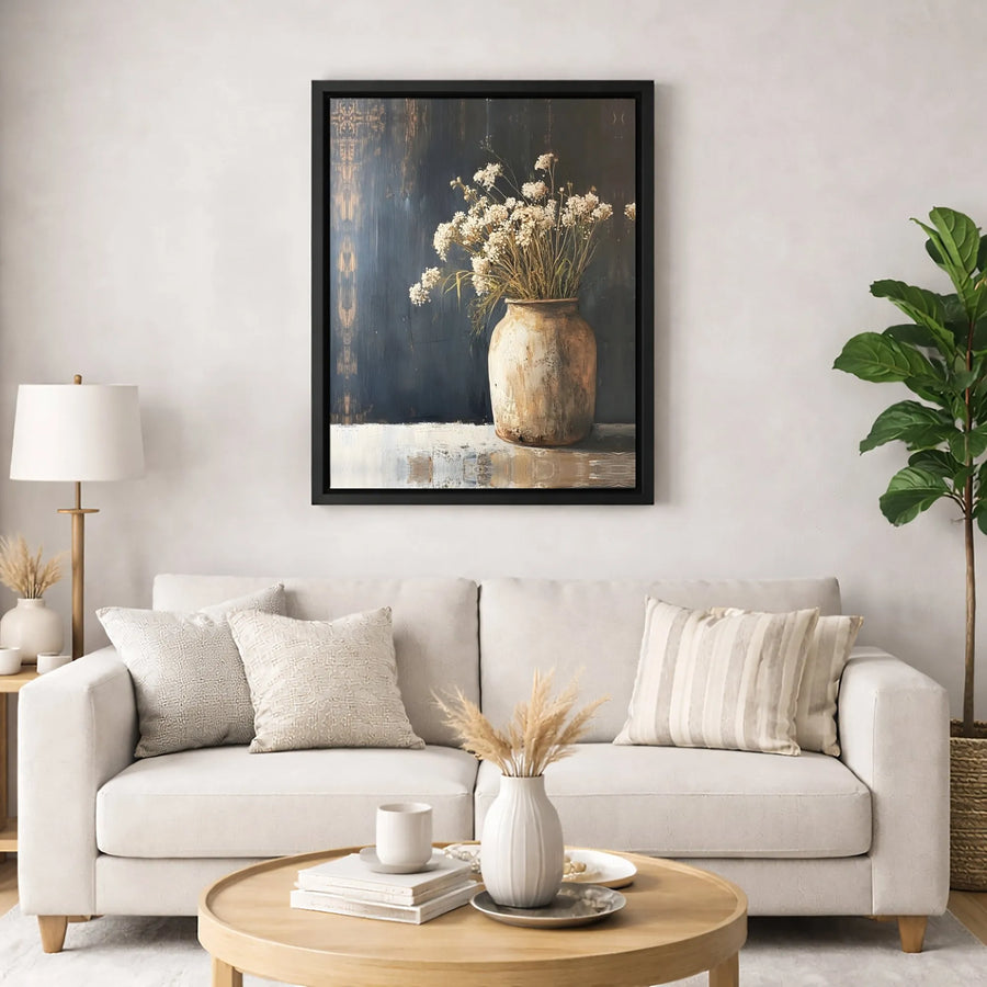 Rustic Vase Still Life Wall Art | Dried White Flowers Farmhouse Decor | Premium Fade-Resistant Canvas | Elegant Home Office Print