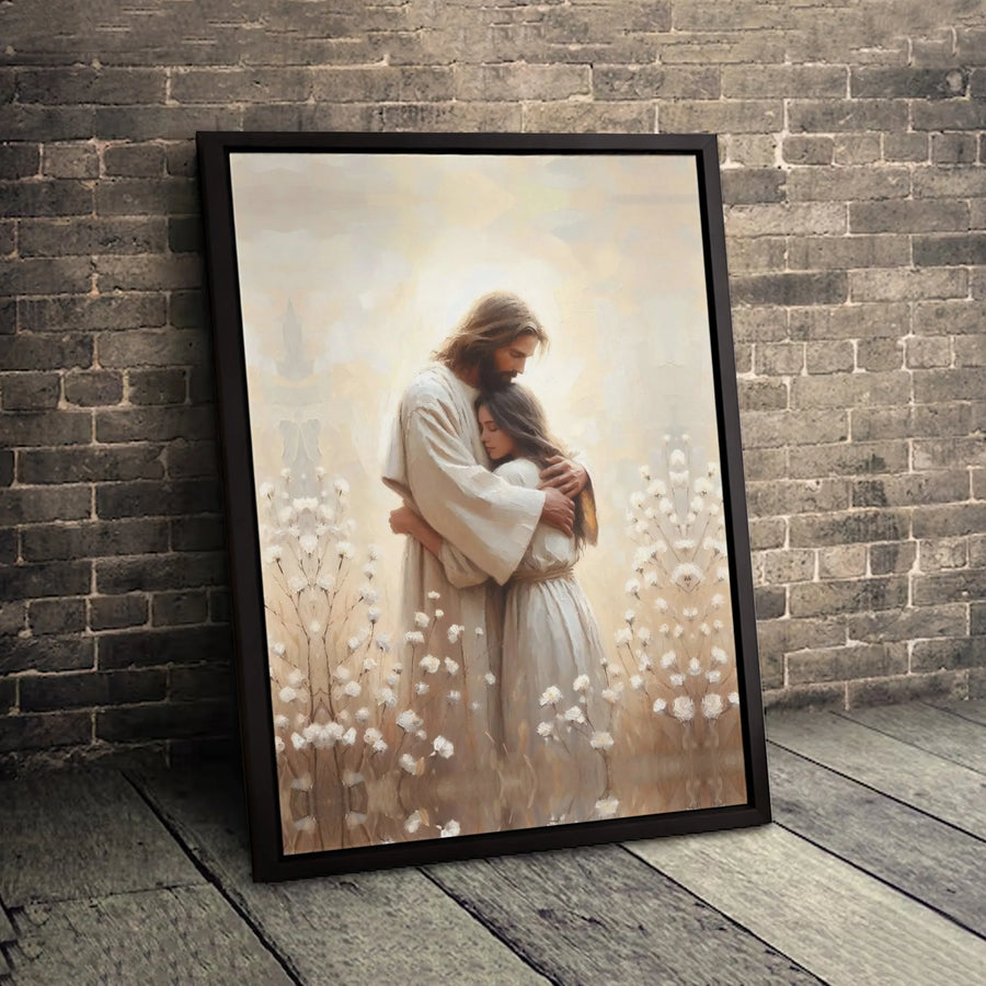 Jesus Embracing Woman Canvas Wall Art | Emotional Religious Portrait | Premium Gallery-Wrapped Print | Spiritual Home Decor Gift