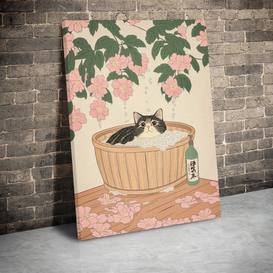 Japanese Cat Art Canvas Print | Cute Ukiyo-e Style Bubble Bath Decor | Premium Gallery Wrapped Wood Frame | Unique Whimsical Animal Wall Art Gift