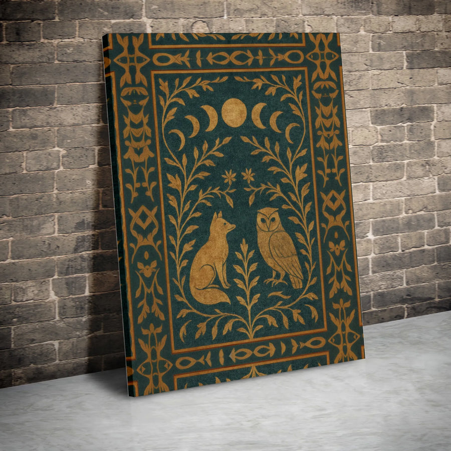 Celestial Fox and Owl Vertical Canvas | Vintage Moon Phases Woodland Wall Art | Premium 1.25 Inch Gallery Wrap | Mystical Home Decor Gift for Nature Lovers