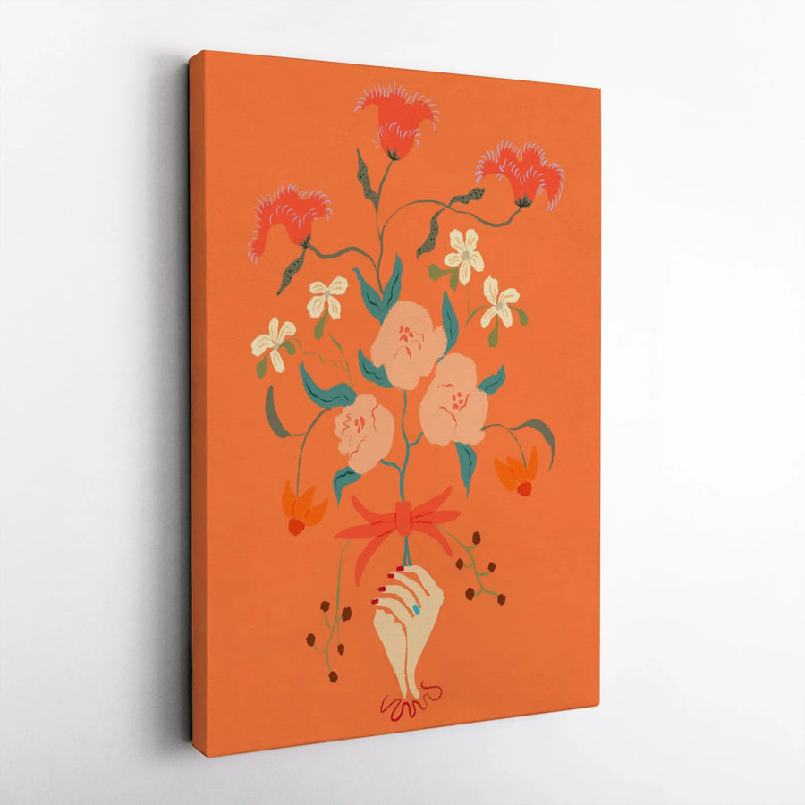 Hand Holding Flowers Vertical Canvas Print | Vibrant Retro Floral Bouquet Illustration | Premium High-Resolution Print | Modern Living Room Wall Art Gift