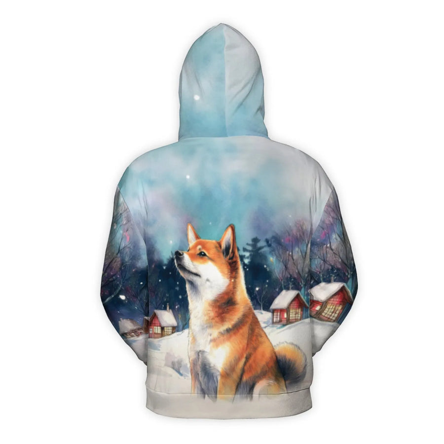 Shiba Inu Hoodie | Snowy Winter Night Watercolor Art | Premium Polyester Knit | Cozy Gift for Dog Lovers