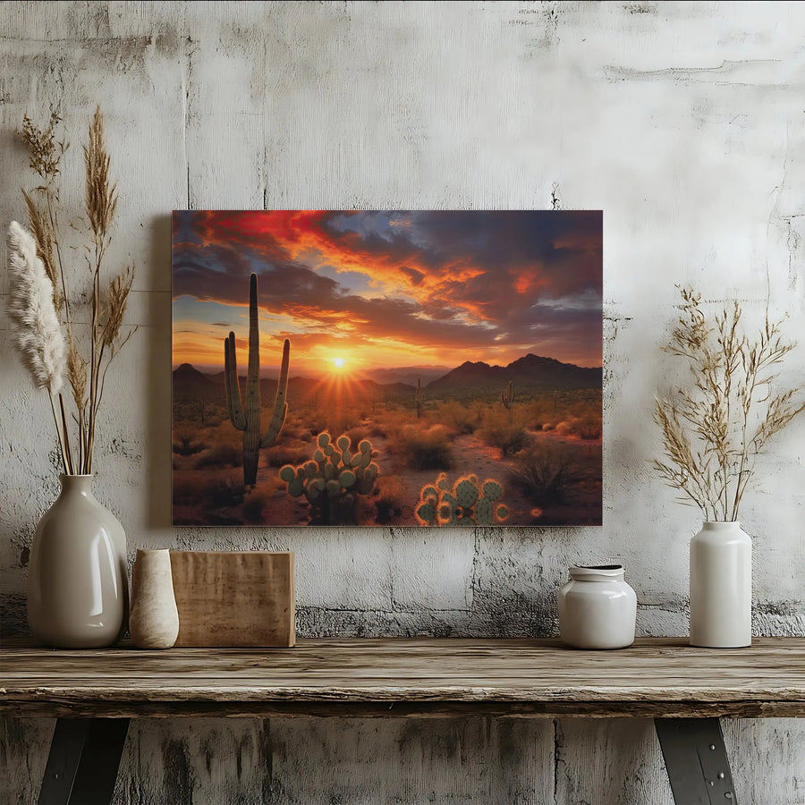 Arizona Desert Sunset Canvas Art | Saguaro and Prickly Pear Cactus Print | Premium Gallery Wrap Decor | Southwest Wall Art for Home Office