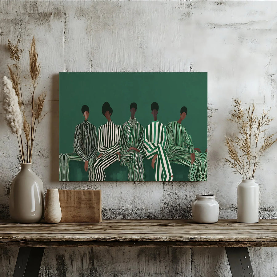 Modern Black Art Canvas Print | Five Seated Figures In Green Striped Suits | Premium Gallery Wrap Wall Decor | Contemporary Minimalist Home Gift