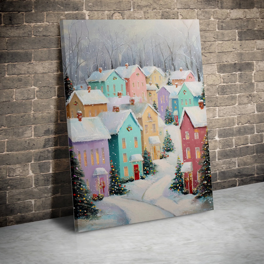 Christmas Village Canvas Print | Colorful Snowy Town Painting | Premium Thick Gallery Wrap | Holiday Home Decor Gift