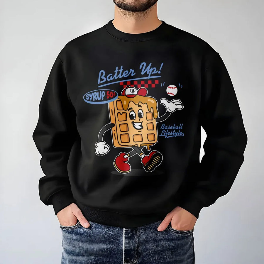 Funny Baseball Sweatshirt | Retro Waffle Cartoon Character | Soft Cotton Poly Crewneck | Gift for Sports Fan & Baseball Lover