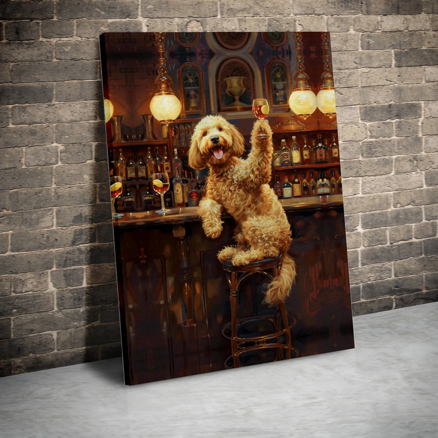 Goldendoodle Dog Canvas Art | Funny Pub Bar Scene Toast | Premium Gallery Wrap Wall Decor | Unique Gift for Dog Lovers