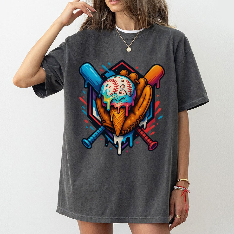 Baseball Ice Cream Drip T-Shirt | Colorful Sports Graphic Design | 100% Cotton Premium Tee | Unique Baseball Fan Gift for Adults and Kids