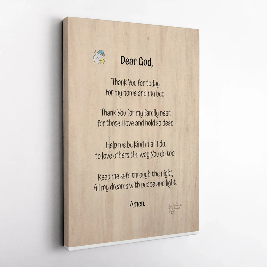 Children's Bedtime Prayer Canvas Wall Art | Dear God Prayer with Sleepy Cloud | Premium Canvas Print | Christian Nursery Decor Gift for Kids & Baptism