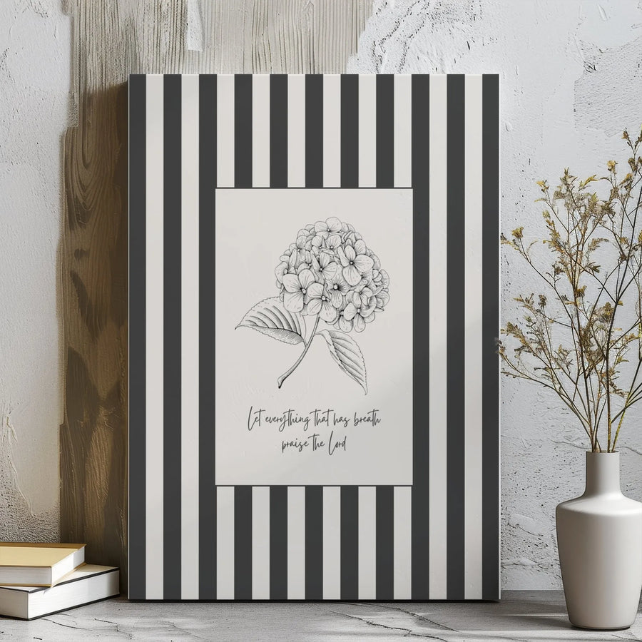 Psalm 150:6 Canvas Print | Hydrangea Sketch with Striped Border | 1.25 Inch Premium Gallery Wrap | Christian Wall Art for Home Decor