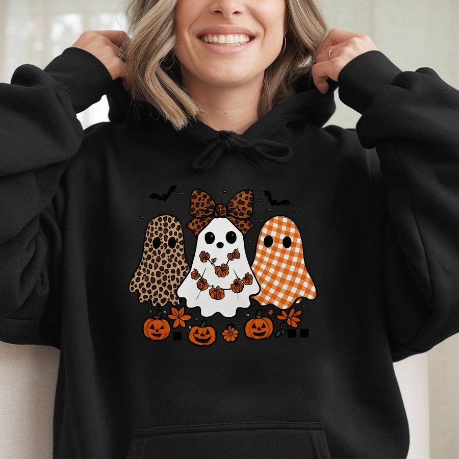 Cute Ghost Halloween Hoodie | Leopard and Plaid Ghost Graphic | Soft Cotton-Polyester Blend | Spooky Season Gift for Women and Teens