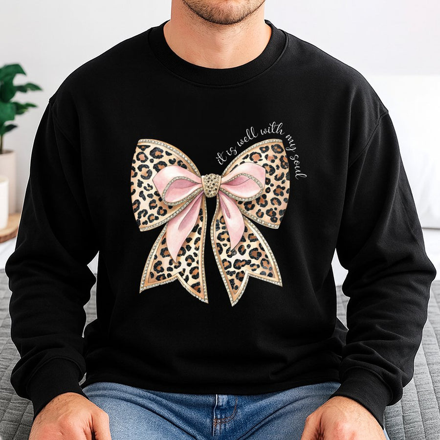 It Is Well With My Soul Sweatshirt | Leopard Pink Coquette Bow Graphic | Premium Cotton Blend | Christian Bible Verse Gift For Women