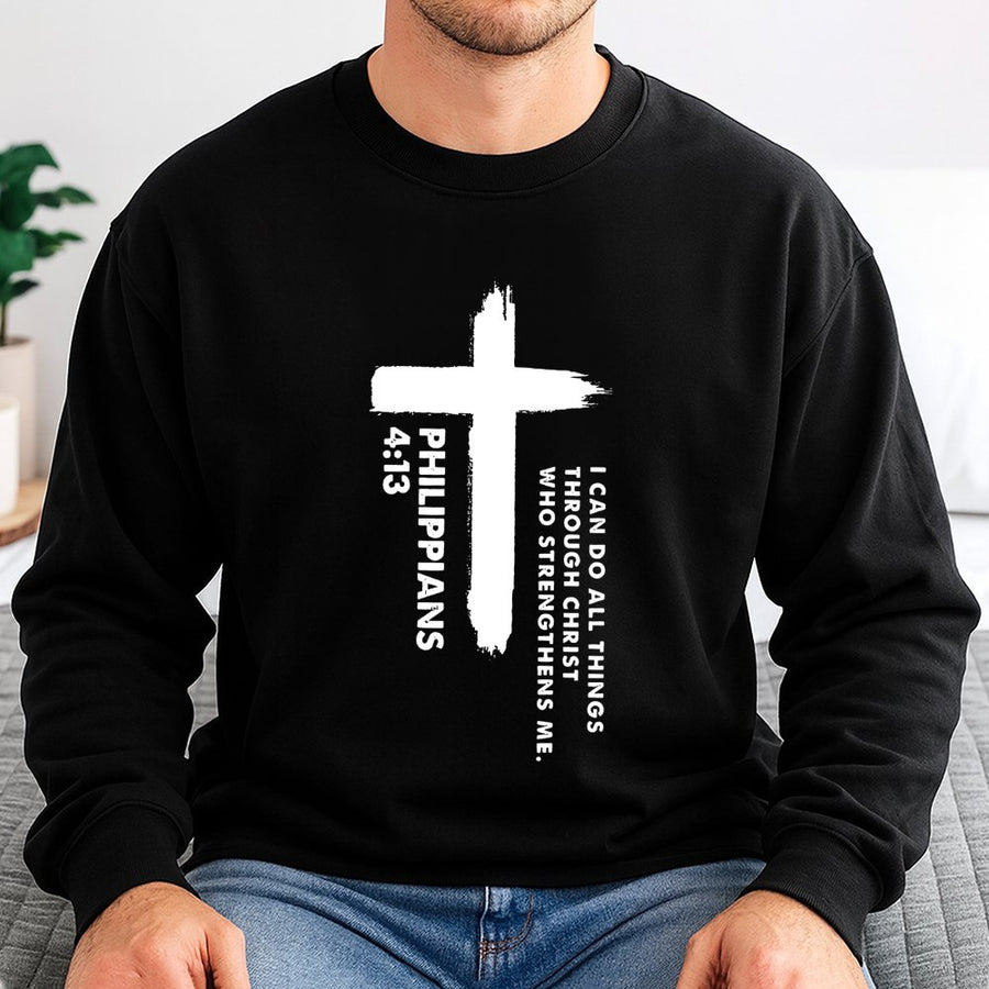 Philippians 4:13 Sweatshirt | I Can Do All Things Through Christ Cross Design | Premium Cotton Blend Crewneck | Religious Gift for Men and Women