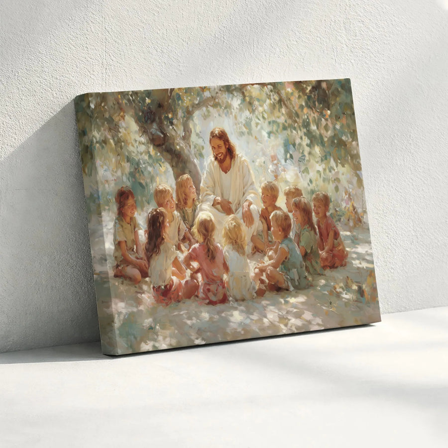 Jesus With Children Wall Art | Religious Oil Painting Style Print | Premium Gallery Wrapped Canvas | Christian Home Decor Gift