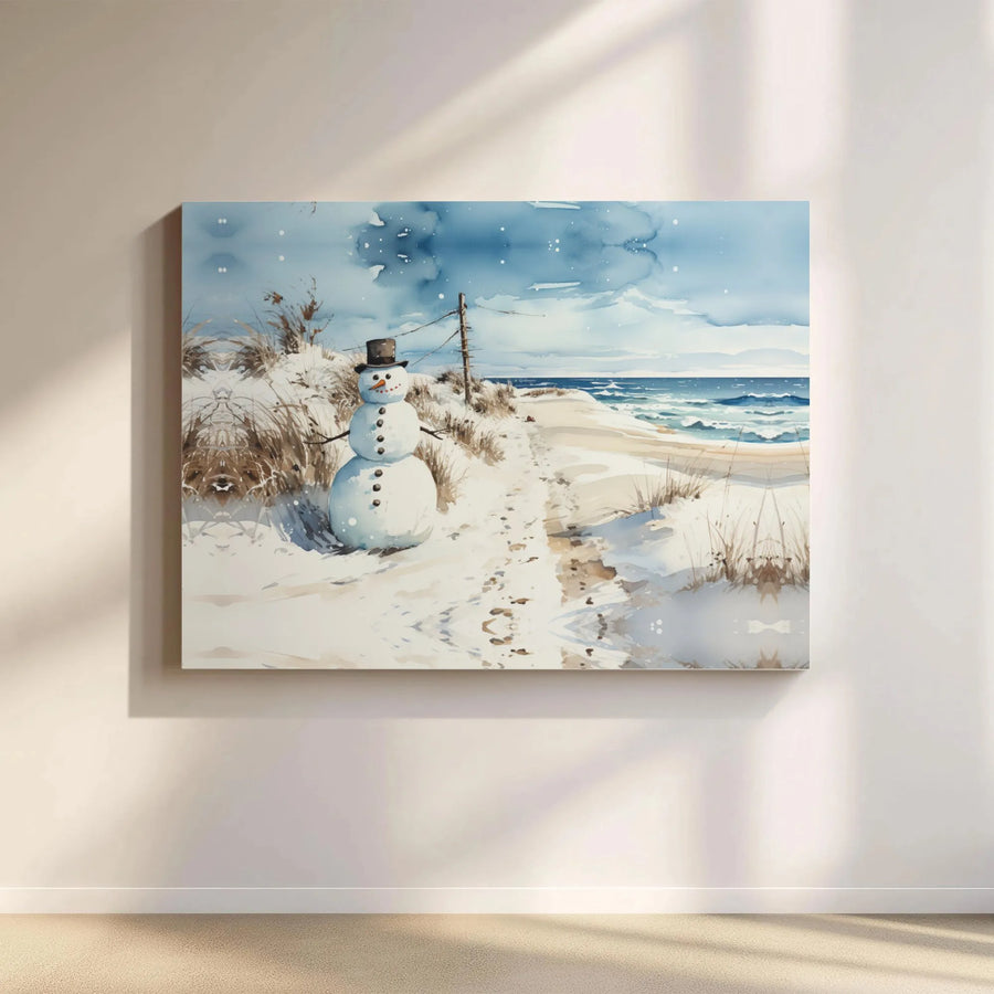 Coastal Snowman Canvas Wall Art | Snowy Beach Holiday Watercolor Print | 1.25-Inch Gallery Wrap | Festive Winter Home Decor Gift