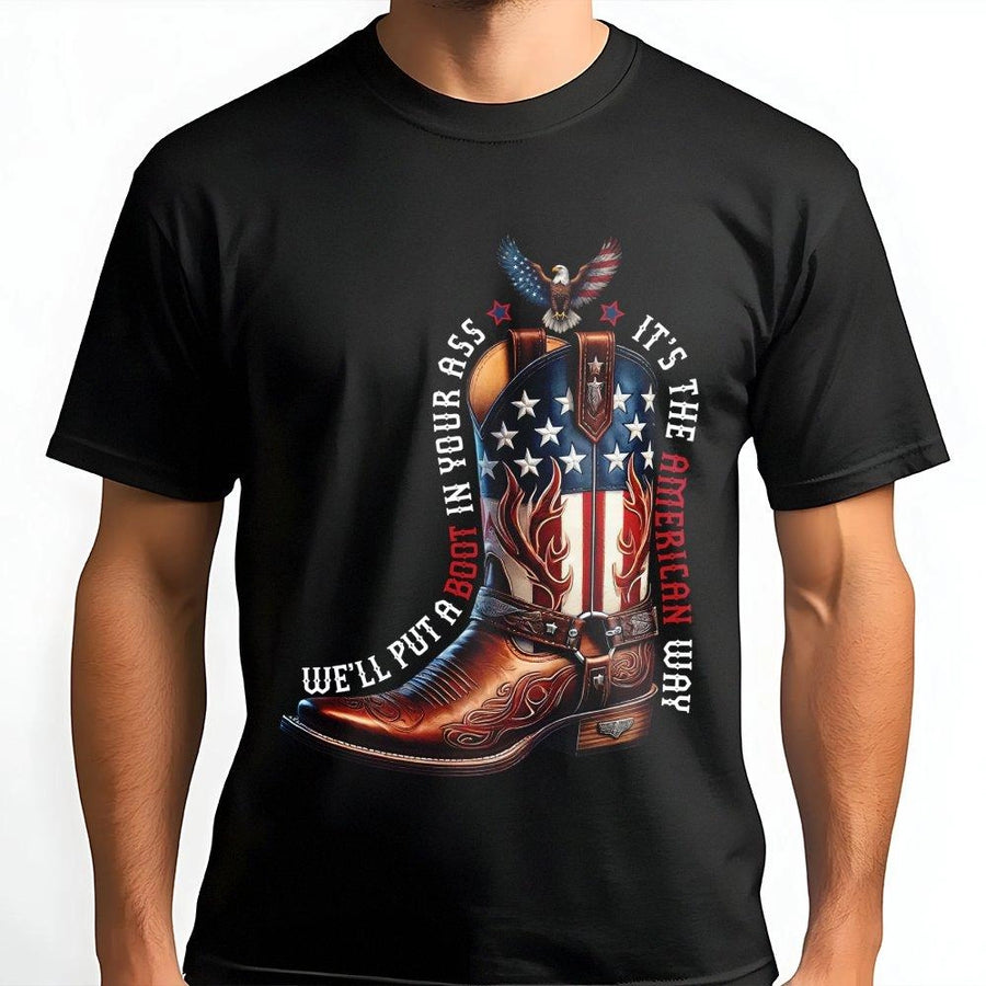American Way Graphic T-Shirt | Cowboy Boot Patriotic Bald Eagle Design | Premium Soft Cotton Tee | Patriotic Gift for Men and Women