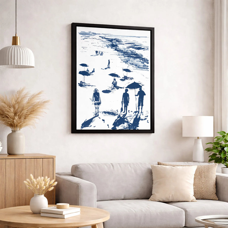 Coastal Beach Art Canvas | Navy Blue Summer Sketch Print | Premium Gallery Wrapped Wall Decor | Minimalist Seascape Gift for Home Office