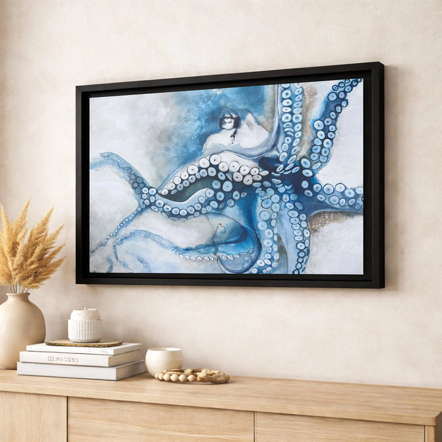 Blue Octopus Canvas Wall Art | Nautical Watercolor Sea Life Print | Gallery-Quality 1.25 Inch Frame | Coastal Decor for Bathroom or Living Room