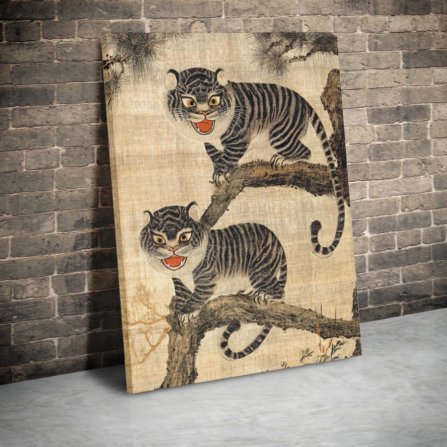 Vintage Korean Tiger Canvas Wall Art | Traditional Minhwa Folk Painting Print | Premium Gallery Canvas | Eclectic Home Decor Collector's Gift